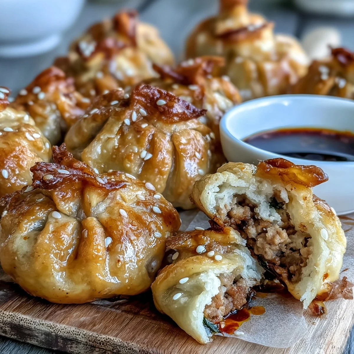 Golden air-fried dumplings filled with savory pork, ginger, and cabbage, paired with vibrant chili oil for dipping.