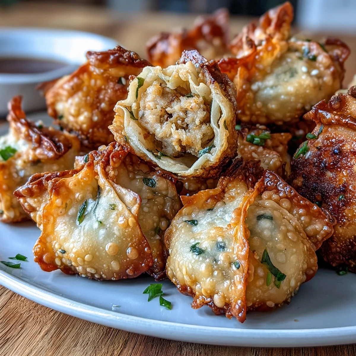 A close-up view of golden, pan-fried rice paper dumplings showing the crispy texture and savory filling.