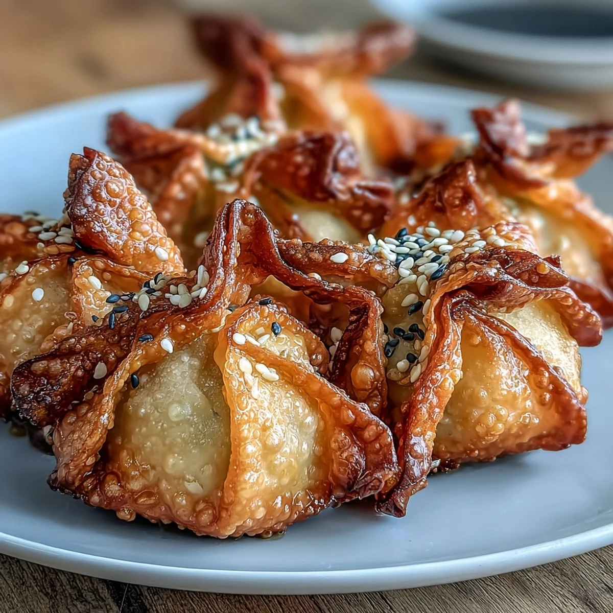 Savory dumplings packed with seasoned pork and fresh vegetables, air-fried until golden and served alongside a fragrant, spicy soy ginger dipping sauce for a delightful appetizer.