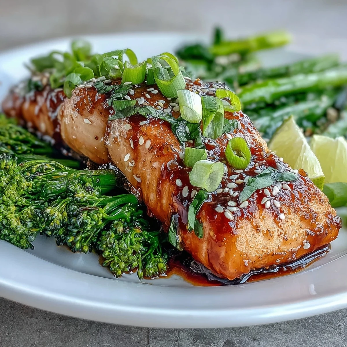 Golden-brown oven-roasted salmon topped with a glossy honey-soy glaze, paired with vibrant broccoli tossed in fragrant sesame oil and seeds.  