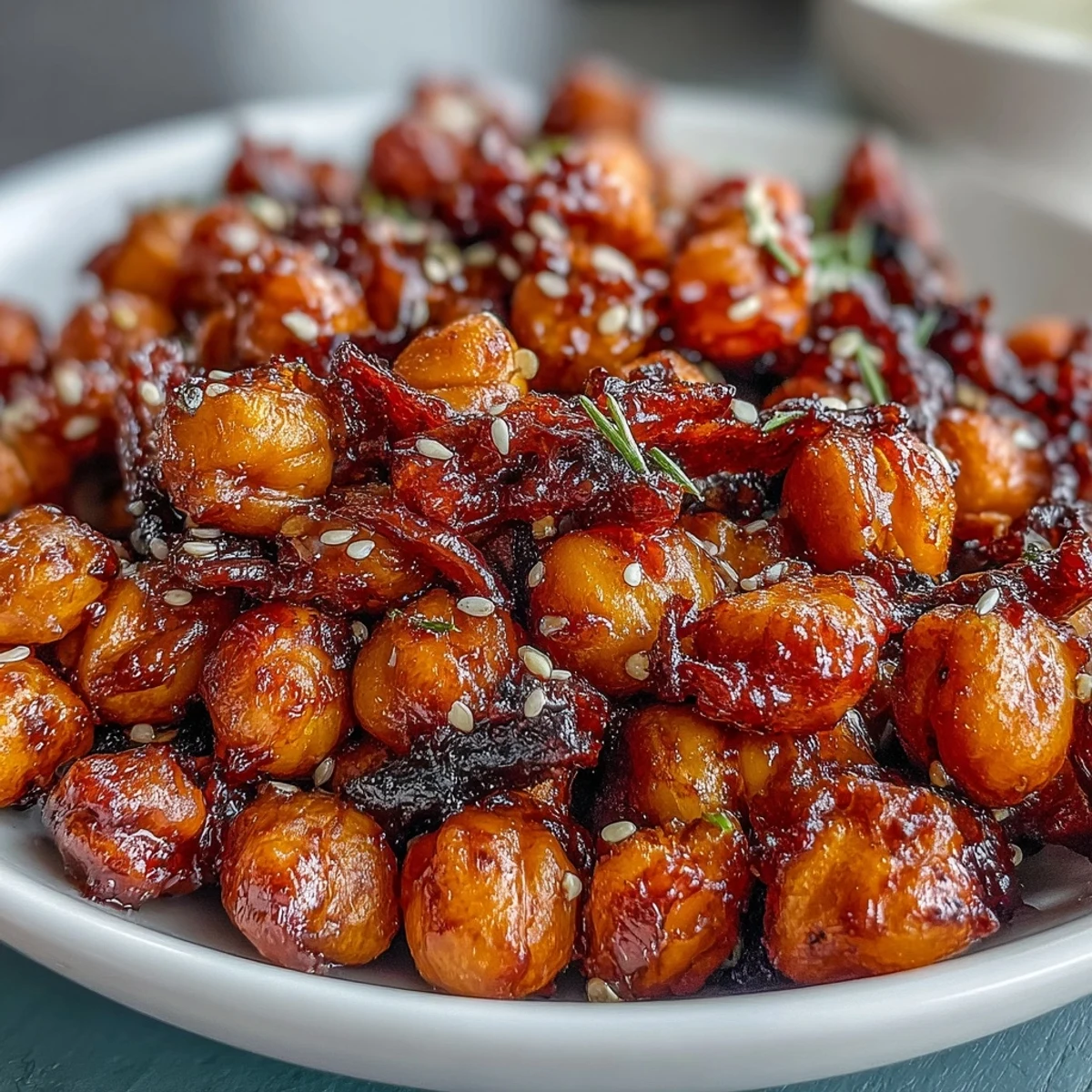 A vibrant bowl of chili garlic crispy chickpeas served over fluffy jasmine rice with sesame seeds and scallions.  