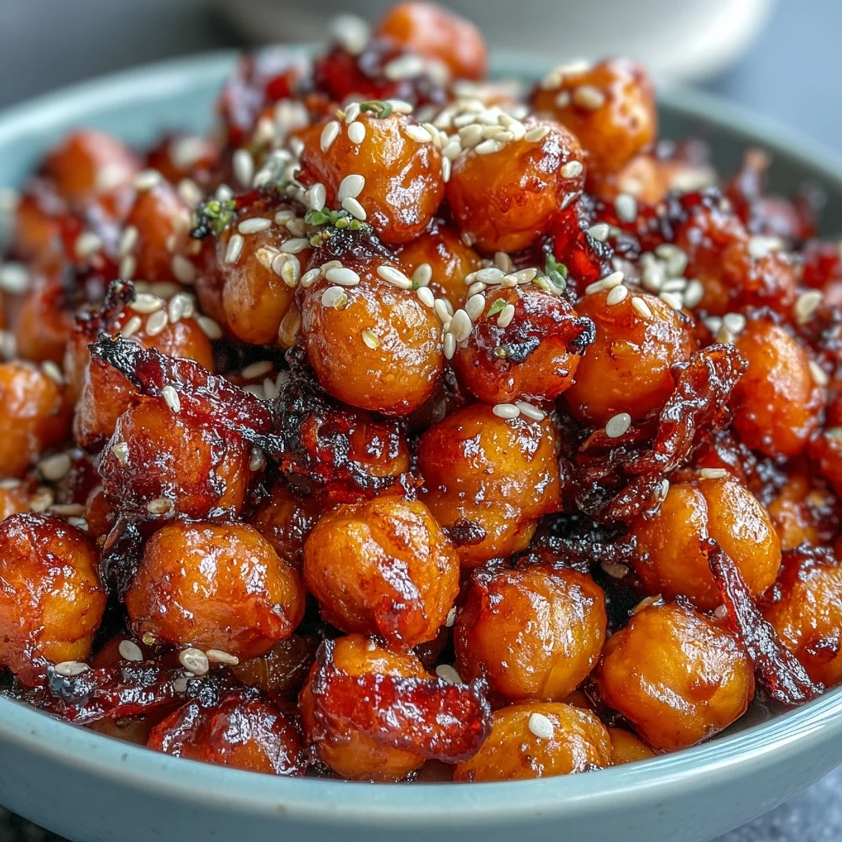 Golden crispy chickpeas tossed in bold chili-garlic sauce, served over steamed jasmine rice for a satisfying vegan meal.