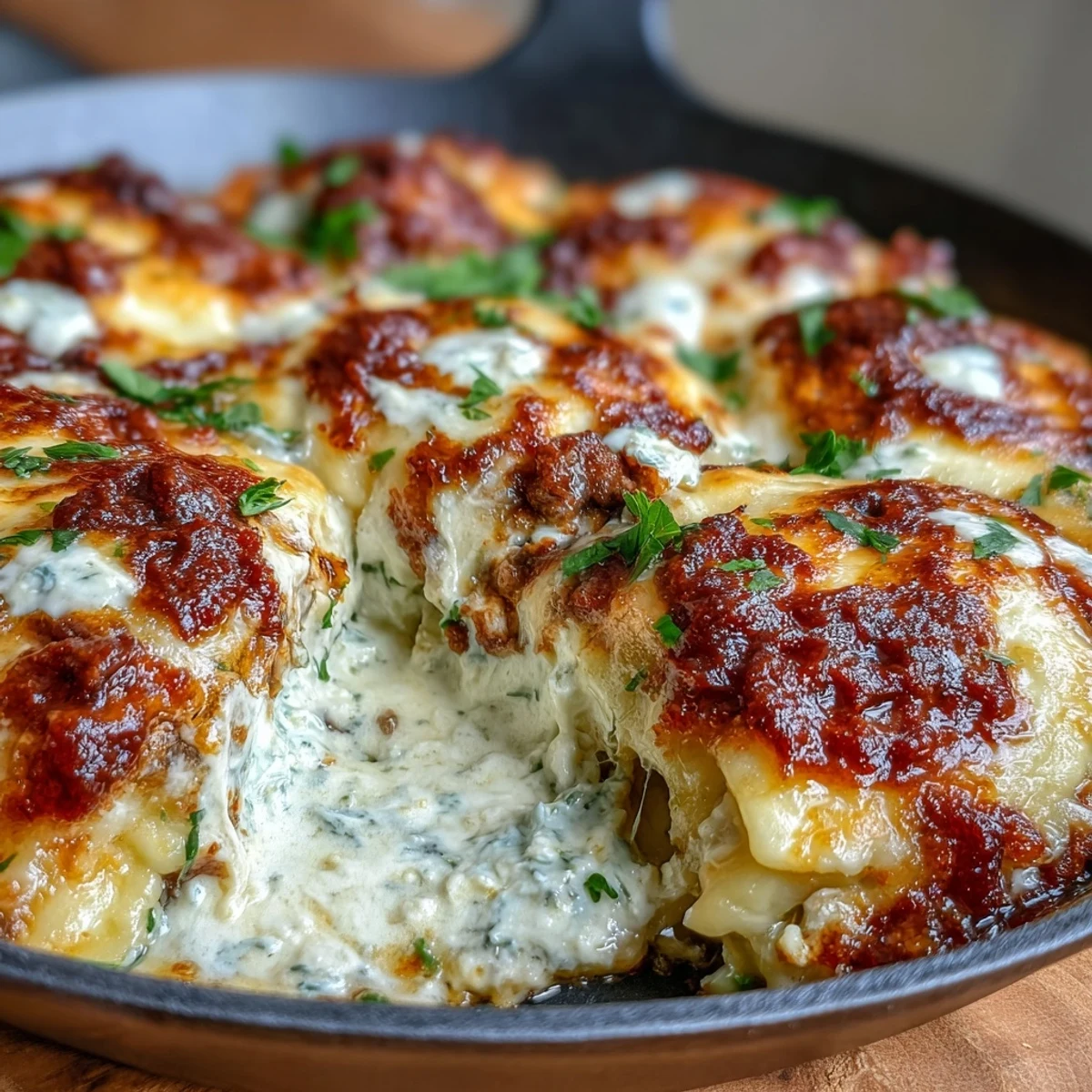 Layered dumpling lasagna with ground turkey, cabbage, and creamy ricotta topped with gooey mozzarella and Parmesan.