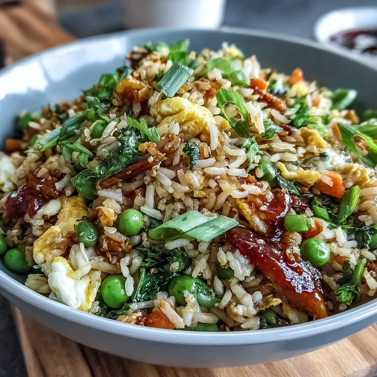 Vibrant veggie-packed fried rice with spring peas, carrots, and bell peppers, served hot in a wok.  