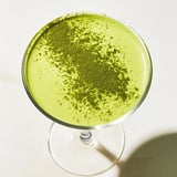 Matcha Martini garnished with white chocolate shavings, showing a smooth, velvety pour in a martini glass.  