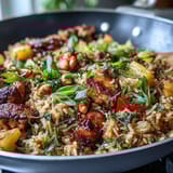 Fluffy jasmine rice stir-fried with diced chicken, sweet pineapple, crisp vegetables, and savory soy sauce, topped with green onions.  