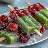 Vibrant frozen grape skewers coated in zesty lime sugar, perfect for a refreshing summer treat.  
