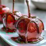 Classic Red Candy Apples with White Chocolate Drizzle: glossy red candy-coated apples drizzled with creamy white chocolate for a festive treat.