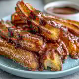 1. Bite-sized churro bites, golden and crispy, coated in cinnamon sugar, ready to dip in rich chocolate sauce for Cinco de Mayo celebrations.  