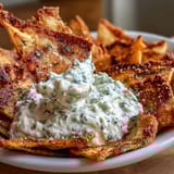 Golden baked pita triangles served alongside cool, garlicky tzatziki for a refreshing appetizer.