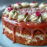 Elegant Rosé Velvet Cake: moist layers with shimmering gold drizzle topping.