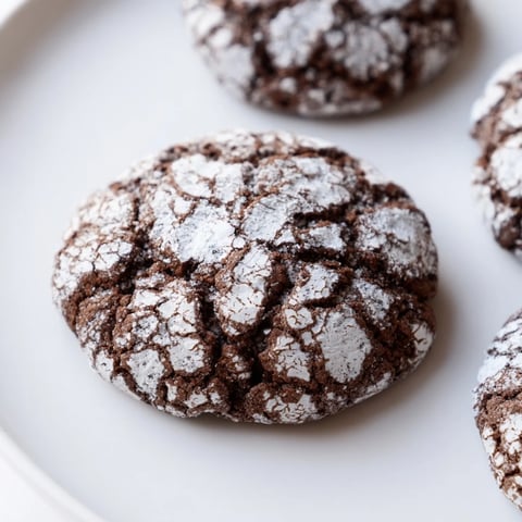 Fudgy Simple Chocolate Crinkle Cookies, covered in powdered sugar, ready to be enjoyed with a glass of milk.