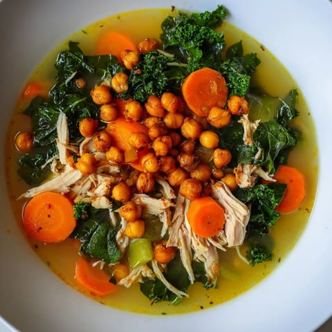Chicken Kale Soup topped with golden chickpeas, a hearty and flavorful American classic.