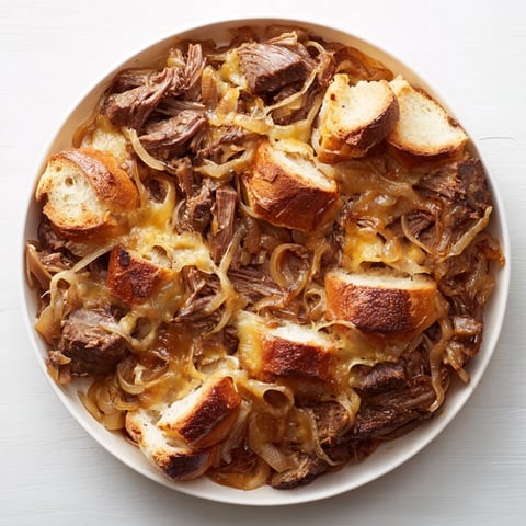 Golden, bubbly French Onion Pot Roast Casserole with melted cheese, served hot from the oven.