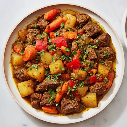 A steaming bowl of Instant Pot Middle Eastern Lamb Stew with its vibrant, colorful vegetables and tender lamb.