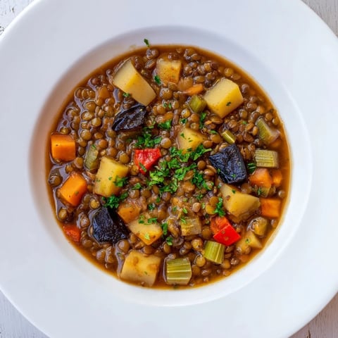 Abuela's Secret Lentil Stew with Prunes, a steaming bowl of savory stew with plump prunes.