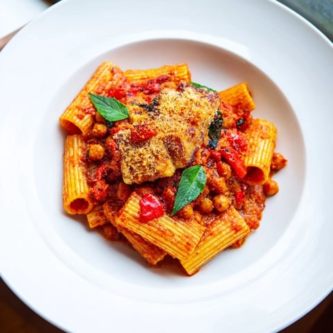 A bowl of Spicy Arrabbiata Roasted Chickpea Crunch Pasta, topped with Parmesan and fresh basil.