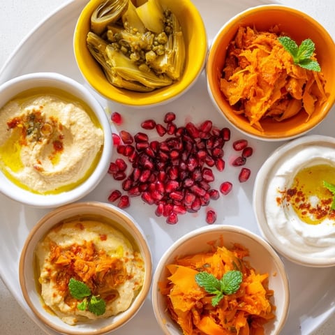 Colorful bowls showcasing a Moroccan Tile Mosaic appetizer, filled with dips, olives, and vibrant veggies.