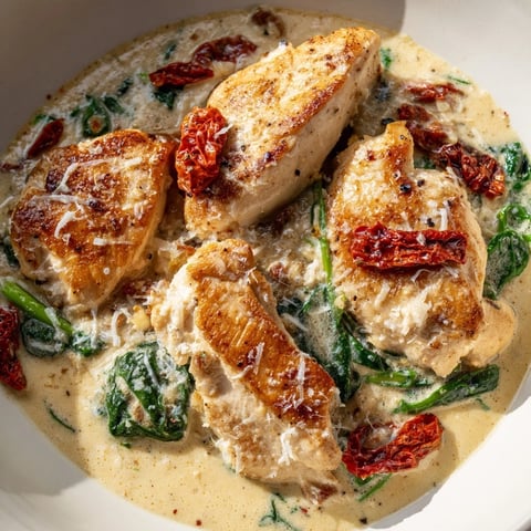 Golden seared Creamy Tuscan Chicken breasts swimming in a rich, sun-dried tomato and spinach sauce.