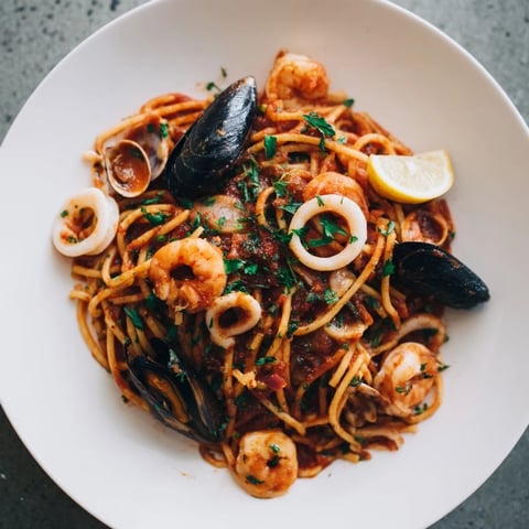 Steaming bowl of Seafood Marinara Pasta, glistening seafood and a rich tomato sauce, ready to serve.