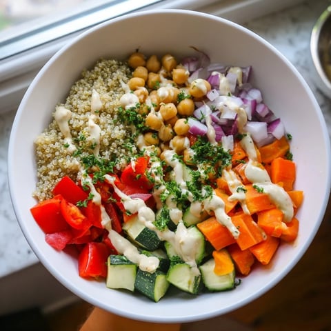 Vibrant Quinoa Power Salad: golden roasted vegetables and fluffy quinoa are tossed in creamy dressing.