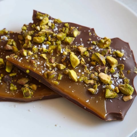 Decadent Pistachio Salted Caramel Bark, showcasing layers of dark chocolate, caramel, and chopped pistachios.