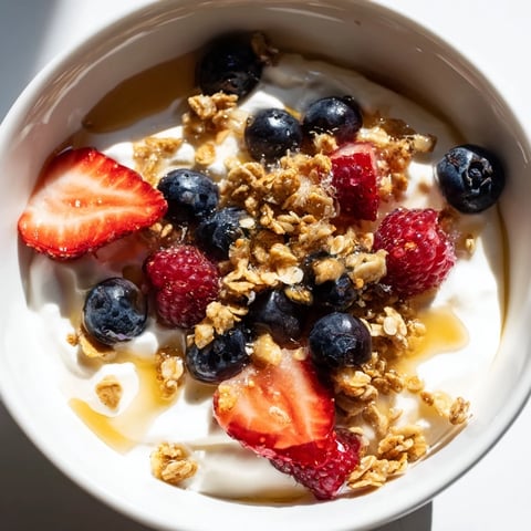 Cottage Cheese Hot Honey Bowl: a delightful view of creamy cottage cheese with berries and a spicy honey drizzle.