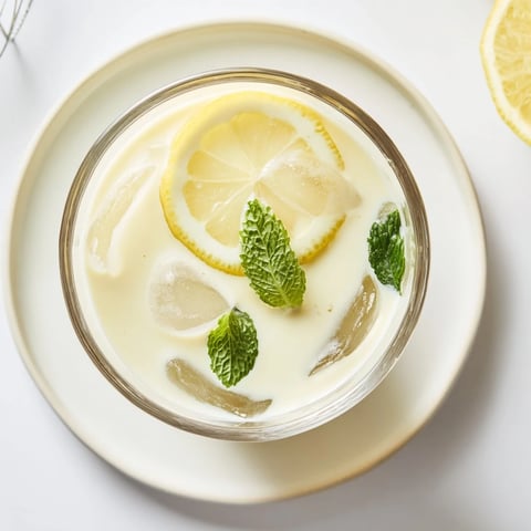 Creamy Lemonade Drink served over ice cubes, garnished with fresh mint leaves and bright lemon slices in a tall glass.