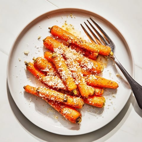 Golden-roasted baby carrots coated in Parmesan and honey, caramelized into crisp chips for a sweet-savory snack.