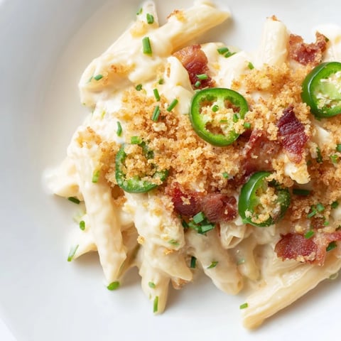 Creamy Jalapeño Popper Pasta with roasted peppers, crispy bacon, and melted cheddar in a rich cheese sauce.  