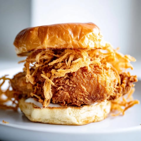Golden fried chicken thighs piled high with crispy fried onions and creamy garlic aioli on a toasted brioche bun.