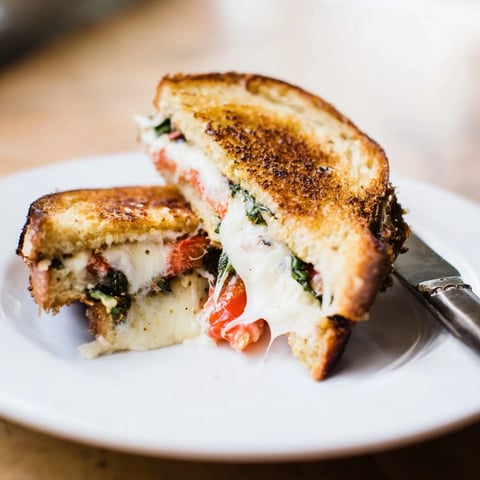 Golden-brown Tomato Basil Grilled Cheese on sourdough, oozing mozzarella and fresh basil.  