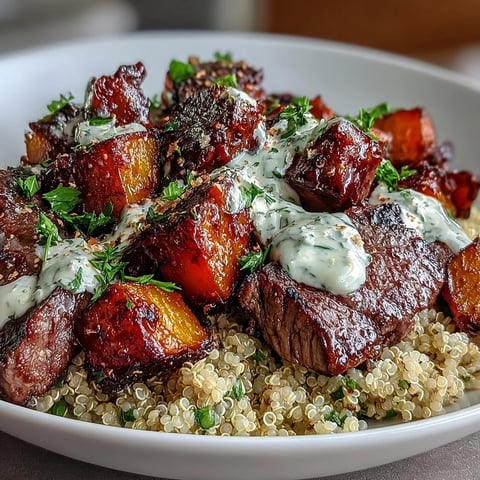 Roasted butternut squash and seared steak bites topped with garlic herb cream sauce in a bowl.