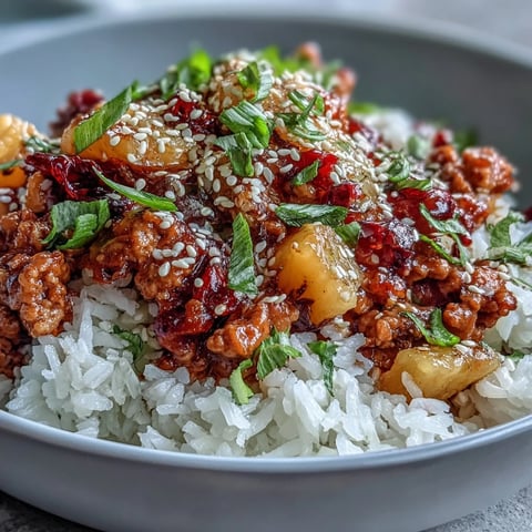 Golden fried ground turkey mingles with red bell peppers and pineapple in a Sweet-and-Sour Turkey Rice Skillet, garnished with green onions.  