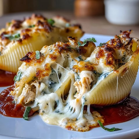 Baked pesto chicken stuffed shells in marinara with mozzarella and fresh basil.  