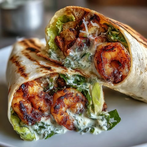 Grilled shrimp Caesar wraps with crunchy romaine lettuce and creamy dressing in soft tortillas.  