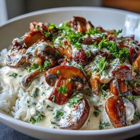 Creamy vegan mushroom stroganoff served over fluffy brown rice with fresh parsley garnish.  