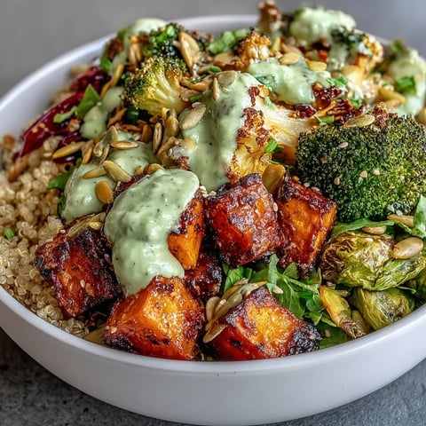 Colorful vegan buddha bowl with roasted sweet potatoes, broccoli, and zucchini, topped with creamy green goddess avocado dressing and crunchy pumpkin seeds.  