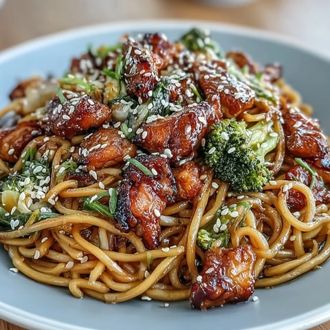 Sticky Garlic Chicken Noodles with tender chicken, crisp vegetables, and a glossy garlic-honey soy glaze, garnished with sesame seeds and green onions.