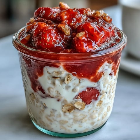 A jar of creamy overnight oats topped with vibrant strawberry chia jam, ready for a wholesome breakfast.  
