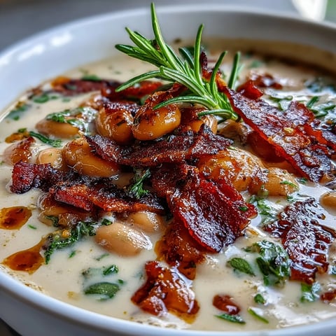 Creamy white bean soup with bacon and rosemary, topped with crispy bacon bits and fresh parsley.  
