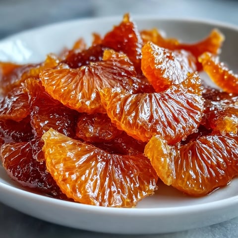 Glossy candied orange segments glistening in sweet syrup, perfect for elevating cakes and ice cream.  
