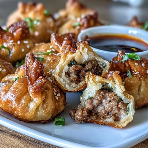 Crispy air-fried pork dumplings golden brown and served with a spicy, fragrant chili oil dipping sauce.