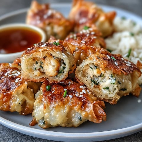 Crispy rice paper dumpling bites filled with seasoned chicken and colorful vegetables, pan-fried to golden perfection for a gluten-free appetizer.