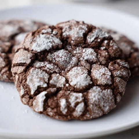 A warm, freshly baked batch of Simple Chocolate Crinkle Cookies with beautiful crackled tops on a baking sheet.