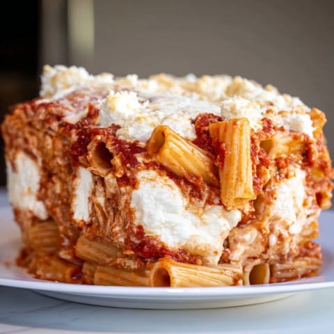 Spoonful of Slow Cooker Baked Ziti, showing layers of pasta and cheese ready to be served for dinner.