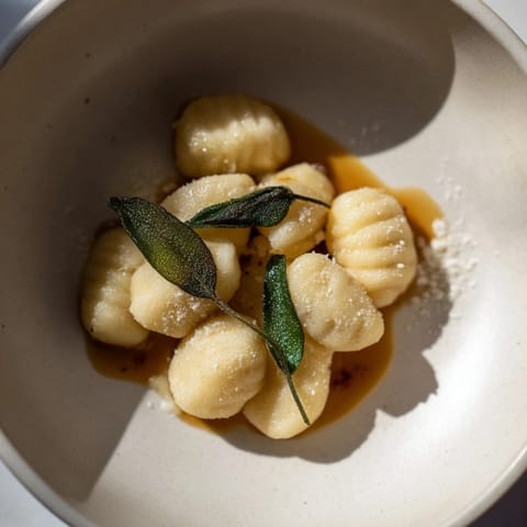 Golden, perfectly formed Homemade Potato Gnocchi, dusted with flour, waiting to be boiled and enjoyed.