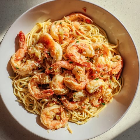 Golden-brown shrimp nestle amongst angel hair pasta in this flavorful one-skillet dish.