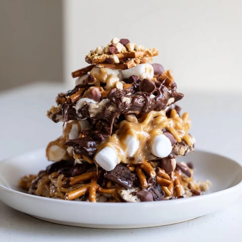 Sweet Haystack Candy Tower, featuring layers of chocolate, pretzels, and toasted coconut; delicious!