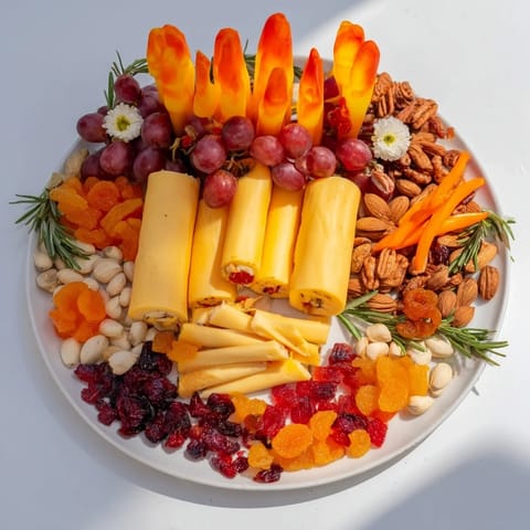 This vibrant Flicker Fire Log Snack Board showcases cheese "logs" and sweet gummy "flames" for a striking appetizer.
